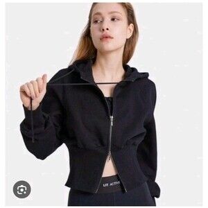 Lit Crop Sweatshirt Hoodie Black Full Zip Size Small S